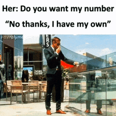 a man in a suit stands on a balcony smoking a cigarette with the caption " her do you want my number "
