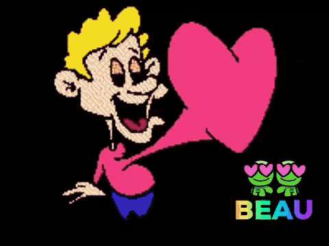 a cartoon drawing of a man holding a pink heart with the word beau below it