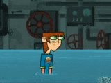 a couple of cartoon characters are standing in the water .