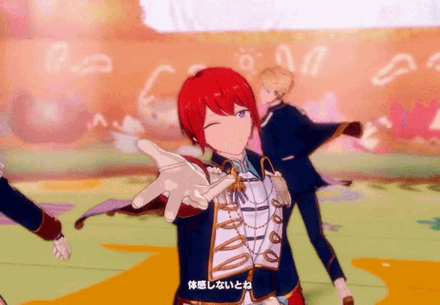 a man with red hair and purple eyes is wearing a blue suit