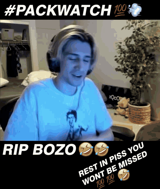 a man wearing headphones and a shirt that says rip bozo