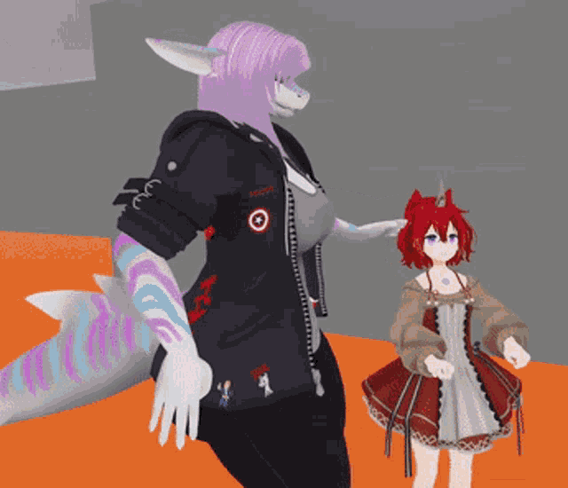 a shark and a girl are standing next to each other and the shark is wearing a jacket with the number 1 on it