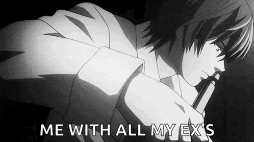 a black and white photo of a man holding a microphone with the words `` me with all my ex 's '' written below him