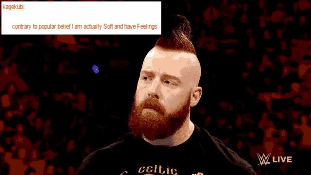 a man with a beard is on a wrestling show and says contrary to popular belief i am soft and have feelings