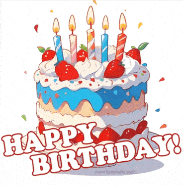 a birthday cake with candles and strawberries on it