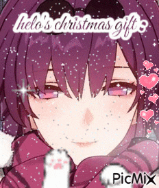 a purple haired anime girl is holding a cat 's paw in her hand .