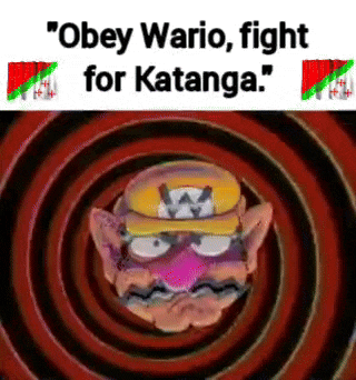 a cartoon character is surrounded by a spiral and says `` obey wario , fight for katanga . ''