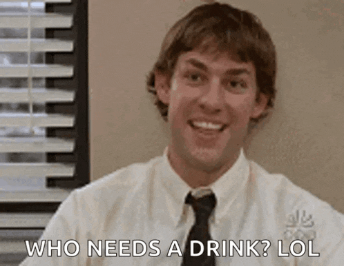 a man in a white shirt and tie is smiling and says `` who needs a drink ? lol ''