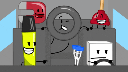 a group of cartoon characters including a magnifying glass and a lighter