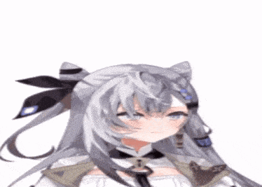 a girl with gray hair and a cat ear is smiling with her eyes closed