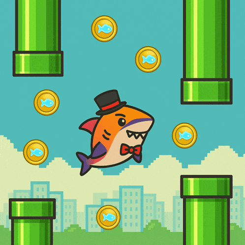 a cartoon shark wearing a top hat and bow tie is surrounded by coins