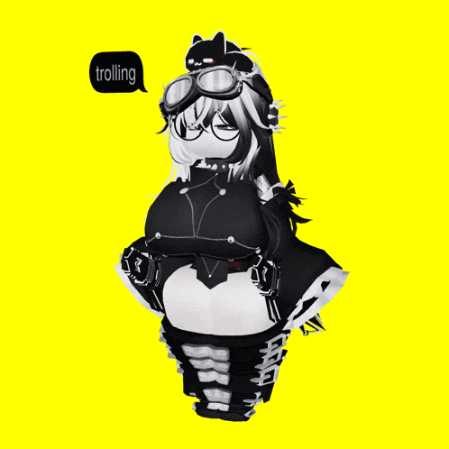 a black and white drawing of a girl with a cat on her head and a speech bubble saying trolling