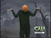 a man in a pumpkin costume is standing in front of a sign that says kivs.com