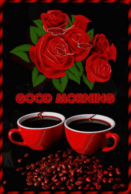 a greeting card with two cups of coffee and red roses that says good morning