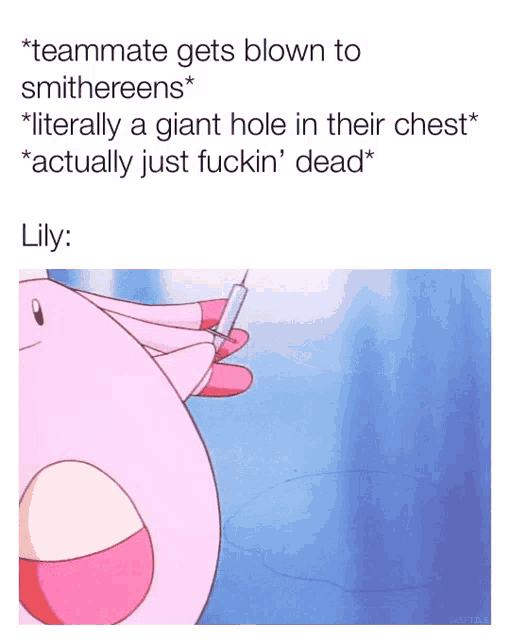 a pink cartoon character is holding a syringe in her hand