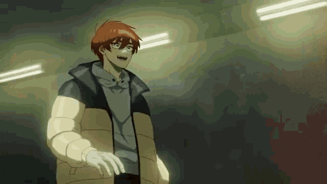 a man with red hair is standing in a dark room with lights on the ceiling .