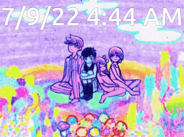 a drawing of a group of people sitting on a beach with the time of 4:44 am