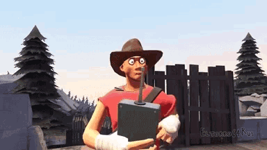 a man in a cowboy hat is holding a box in front of a fence with trees in the background