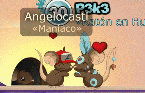 a couple of cartoon mice standing next to each other with a sign that says p3k3 angelocast