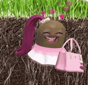 a potato with a ponytail and a pink purse is sitting in the dirt