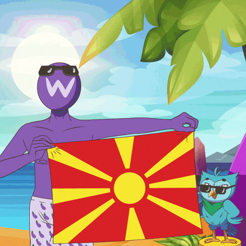 a cartoon of a man holding a flag with a w on his head
