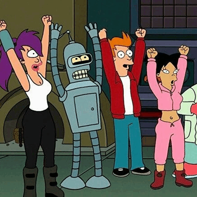 a group of cartoon characters standing next to each other with their arms in the air .