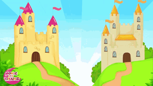 a cartoon of a girl wearing a tiara and a castle with the words monde des tricotins on the bottom right