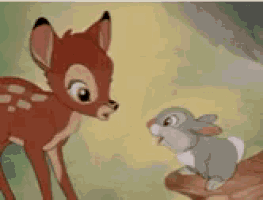 a cartoon deer and a rabbit are standing next to each other .