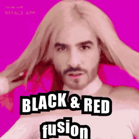 a man with blonde hair and the words black & red fusion on the bottom