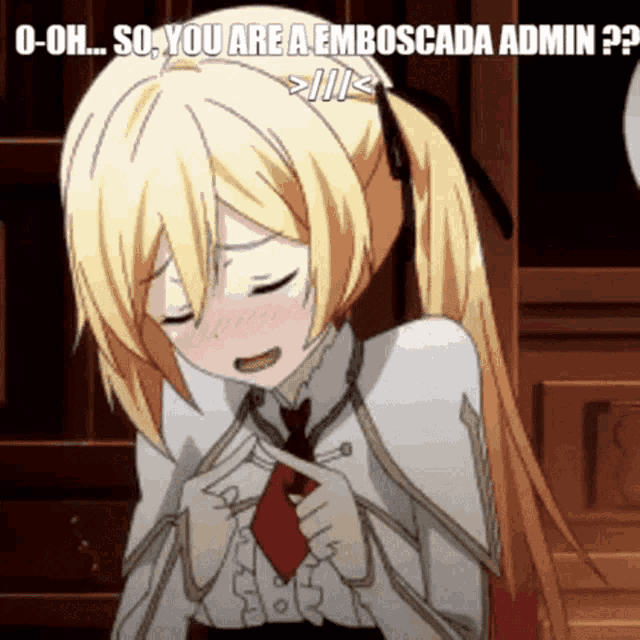 a blonde anime girl with pigtails and a red tie says o-oh so you are a emboscada admin ?