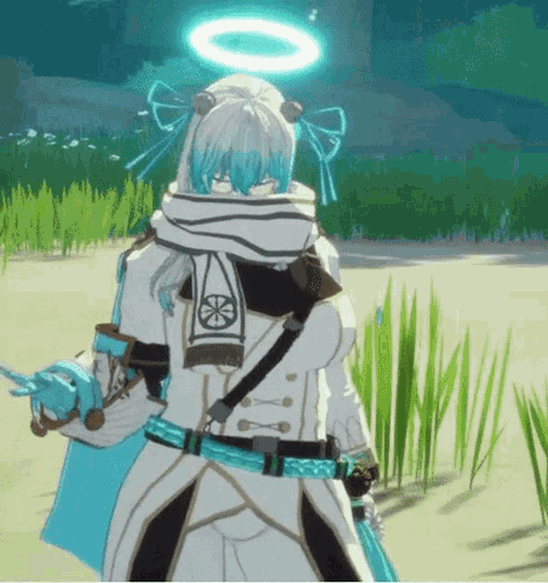 a cartoon character with blue hair and a halo on her head is standing in a field .