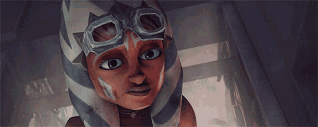 a close up of a cartoon character wearing goggles on her head
