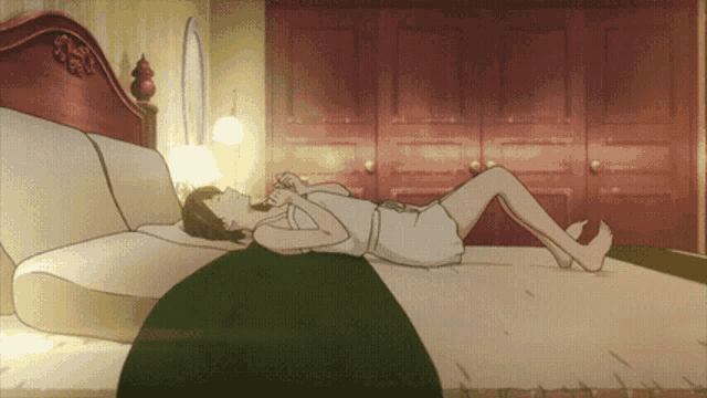 a cartoon of a woman laying on a bed with a green blanket