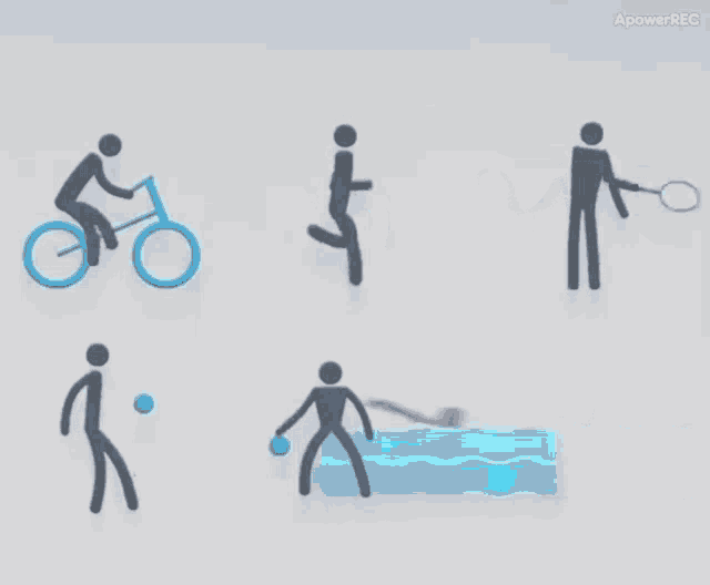 a set of icons of people doing different sports including swimming tennis and cycling