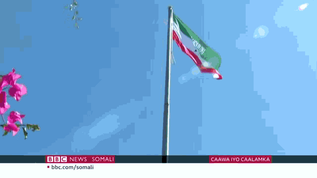 a flag is flying in the wind in front of a blue sky