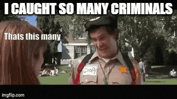 a man in a sheriff 's uniform is talking to a girl in a park and says i caught so many criminals