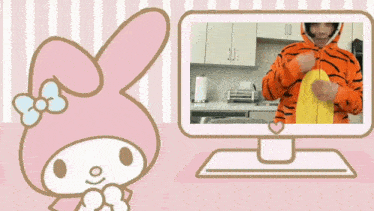 a computer monitor with a picture of a man in a tigger costume on it