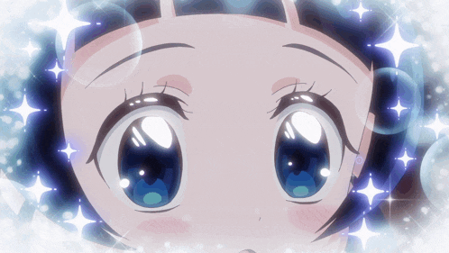 a close up of a girl 's face with bubbles and stars around her