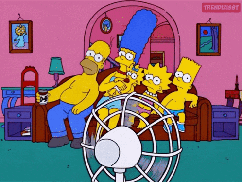 a cartoon of homer simpson sitting on a couch with a fan