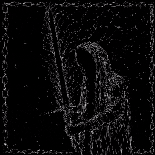 a person in a hood is holding a sword in a black background