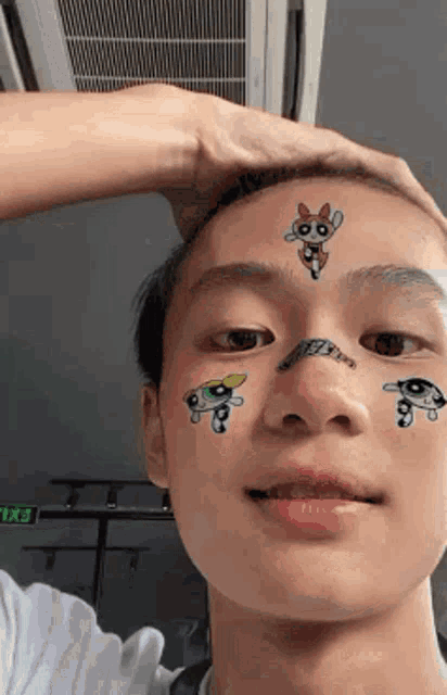a young man with a mask on his face with cartoon characters on it .