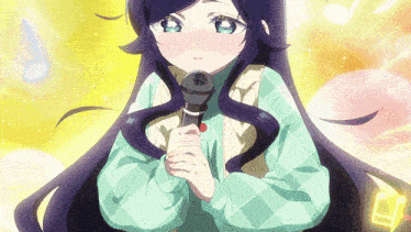 a girl with long hair is holding a microphone