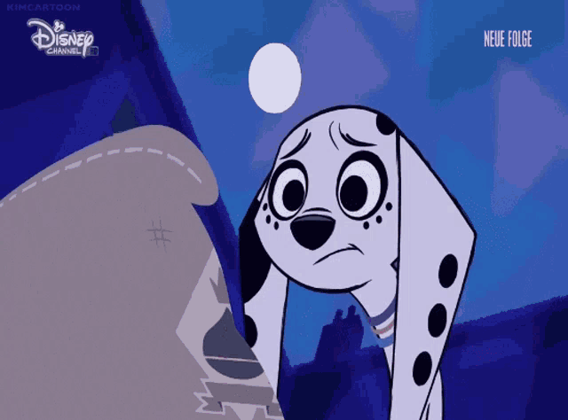 a dalmatian dog is looking at a full moon in a disney channel ad