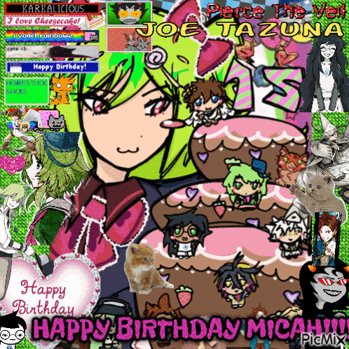 a picture of a girl with a cake and the words " happy birthday micah "