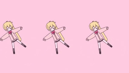 a cartoon girl is dancing on a pink background .