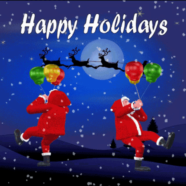 a christmas card that says happy holidays with santa holding balloons