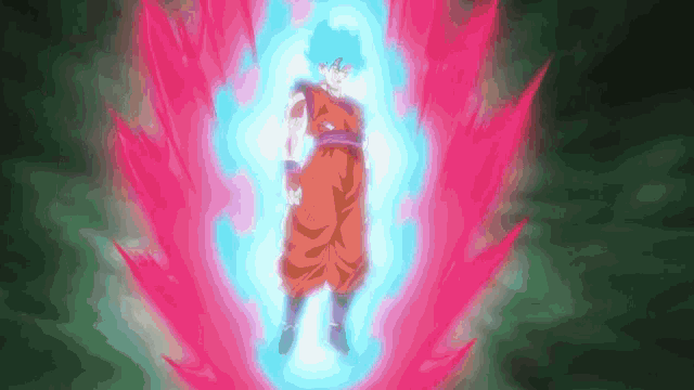 a cartoon character is surrounded by a blue and pink aura