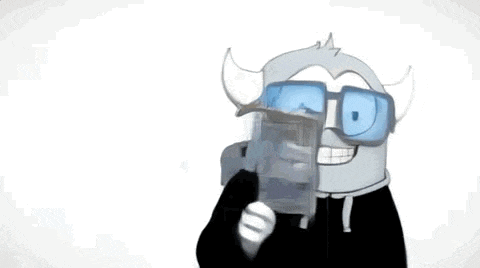 a cartoon character with horns and glasses holds up a card with the number 46