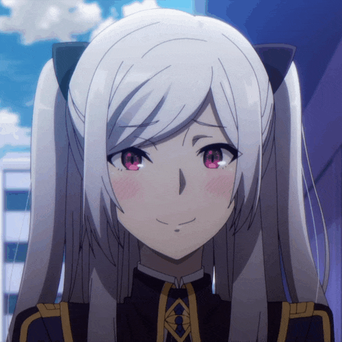a close up of a anime girl with pigtails and pink eyes