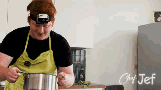 a man in a yellow apron is cooking in a pot with chef jef written on the bottom
